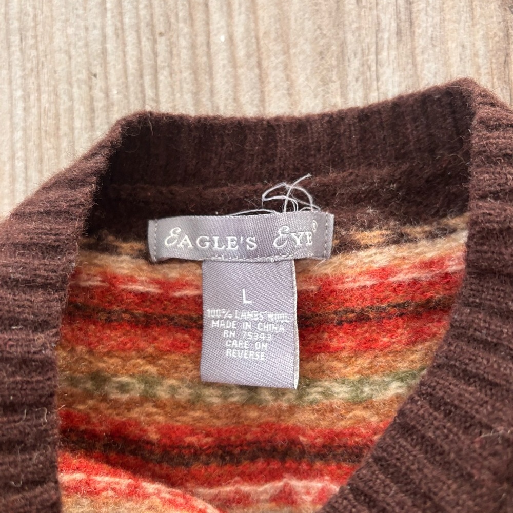 Vintage 100% Lambs Wool Eagles Eye Brown Patterned Cardigan Sweater Small - Picture 2 of 8